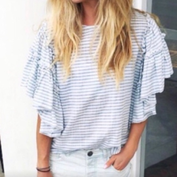 Who What Wear Tops - Blue White Stripe 100% Cotton Blouse Ruffle Sleeve